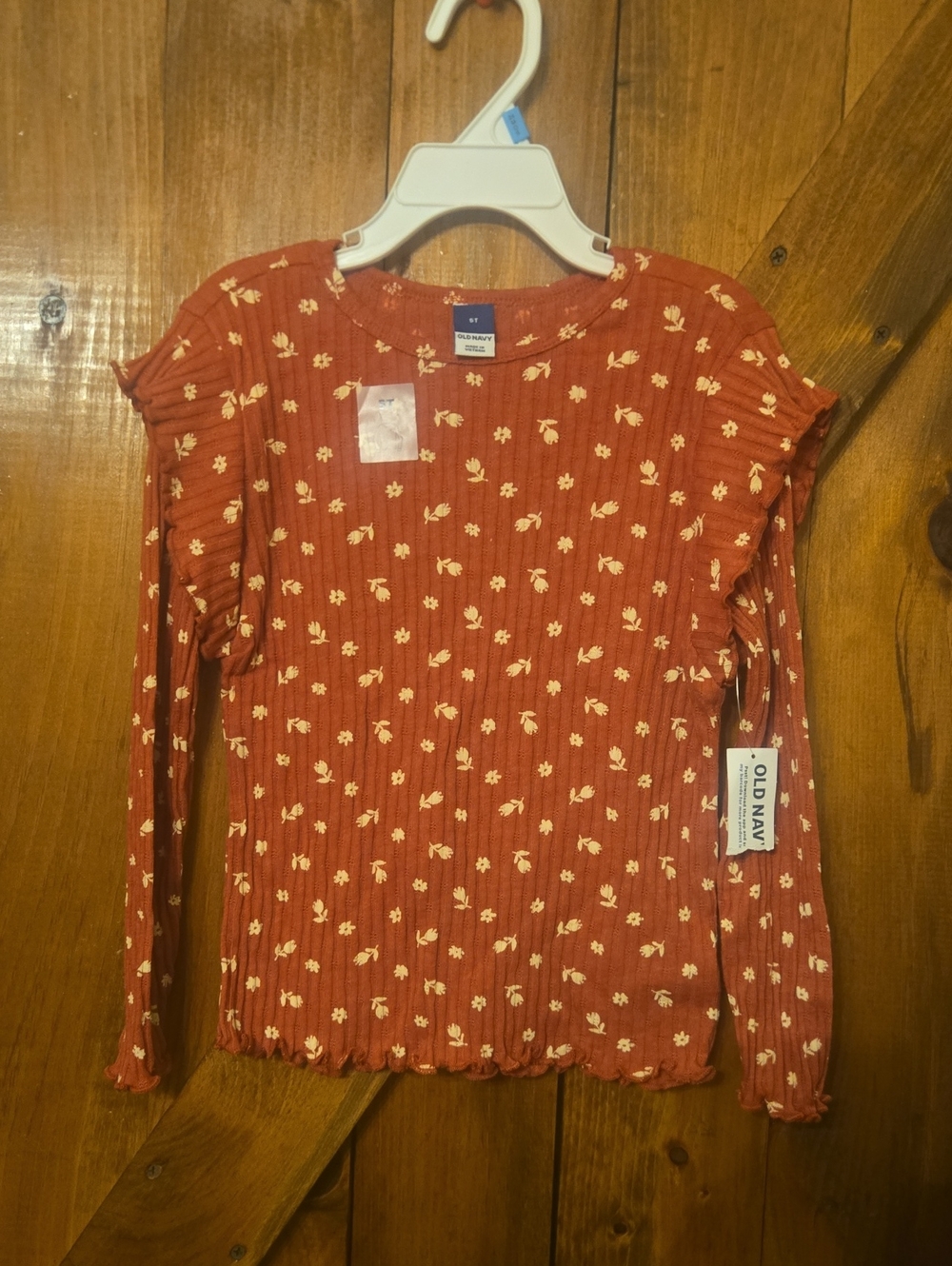 Old Navy Rust-Red Floral Ruffle Long Sleeve Top